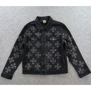 Uncle Ralph Denim Jacket Womens Large Black Rhinestones Jean Cross Pattern